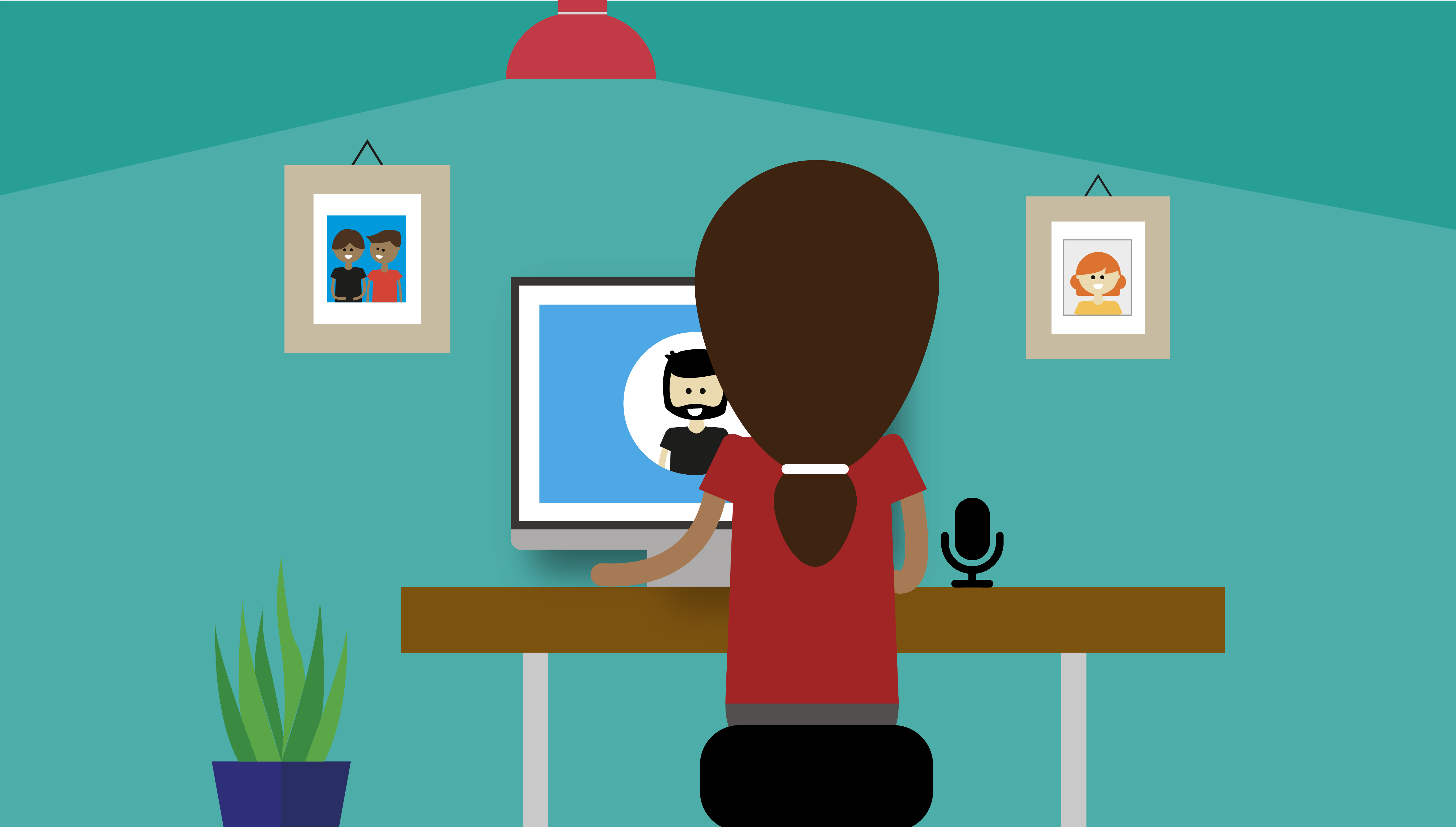 Illustrated graphic showing someone having a video interview at a desk. There is a microphone on the desk, and the oter person appears on their computer screen.