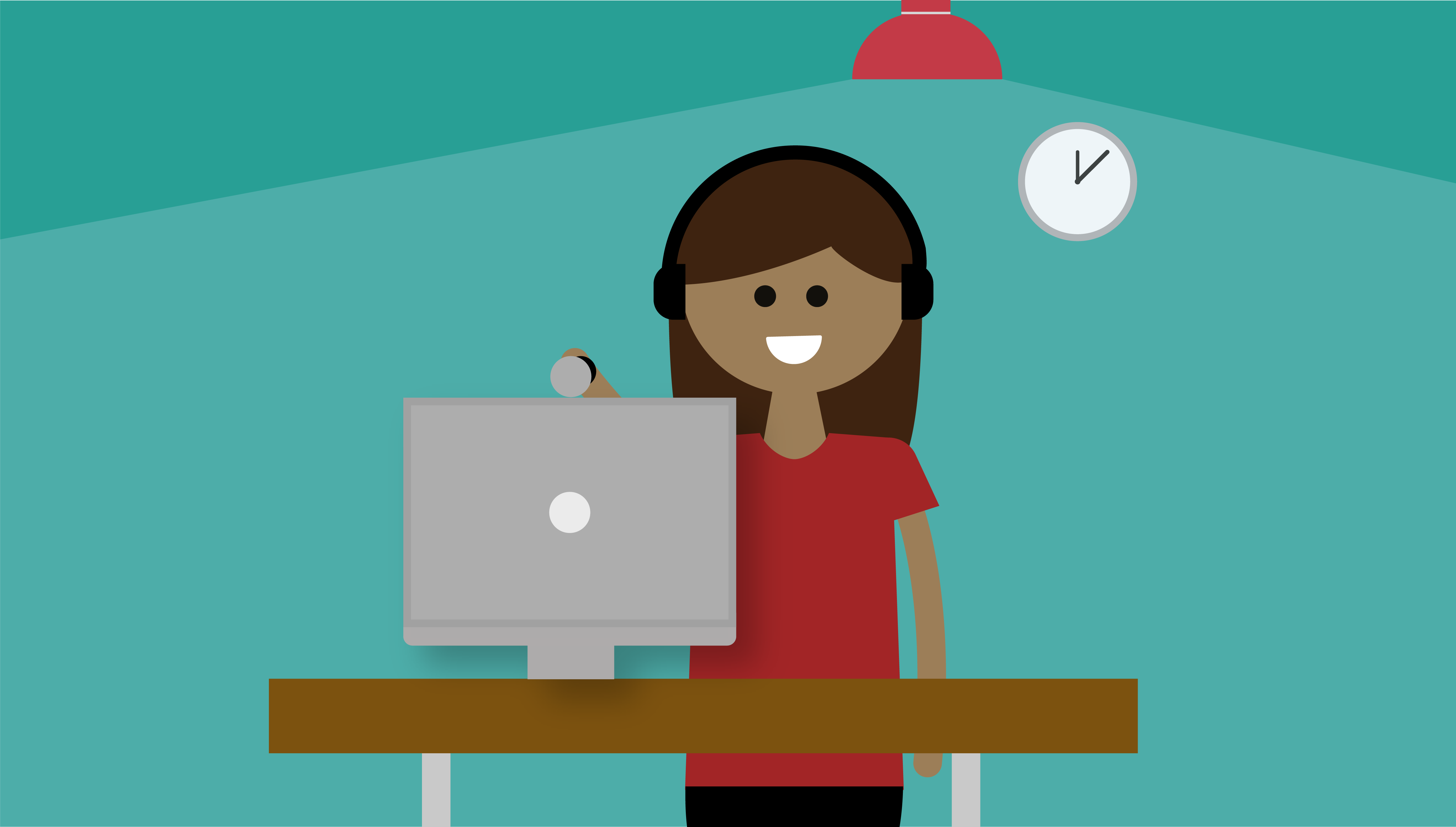 Illustrated graphic of a person smiling into their webcam at a computer desk