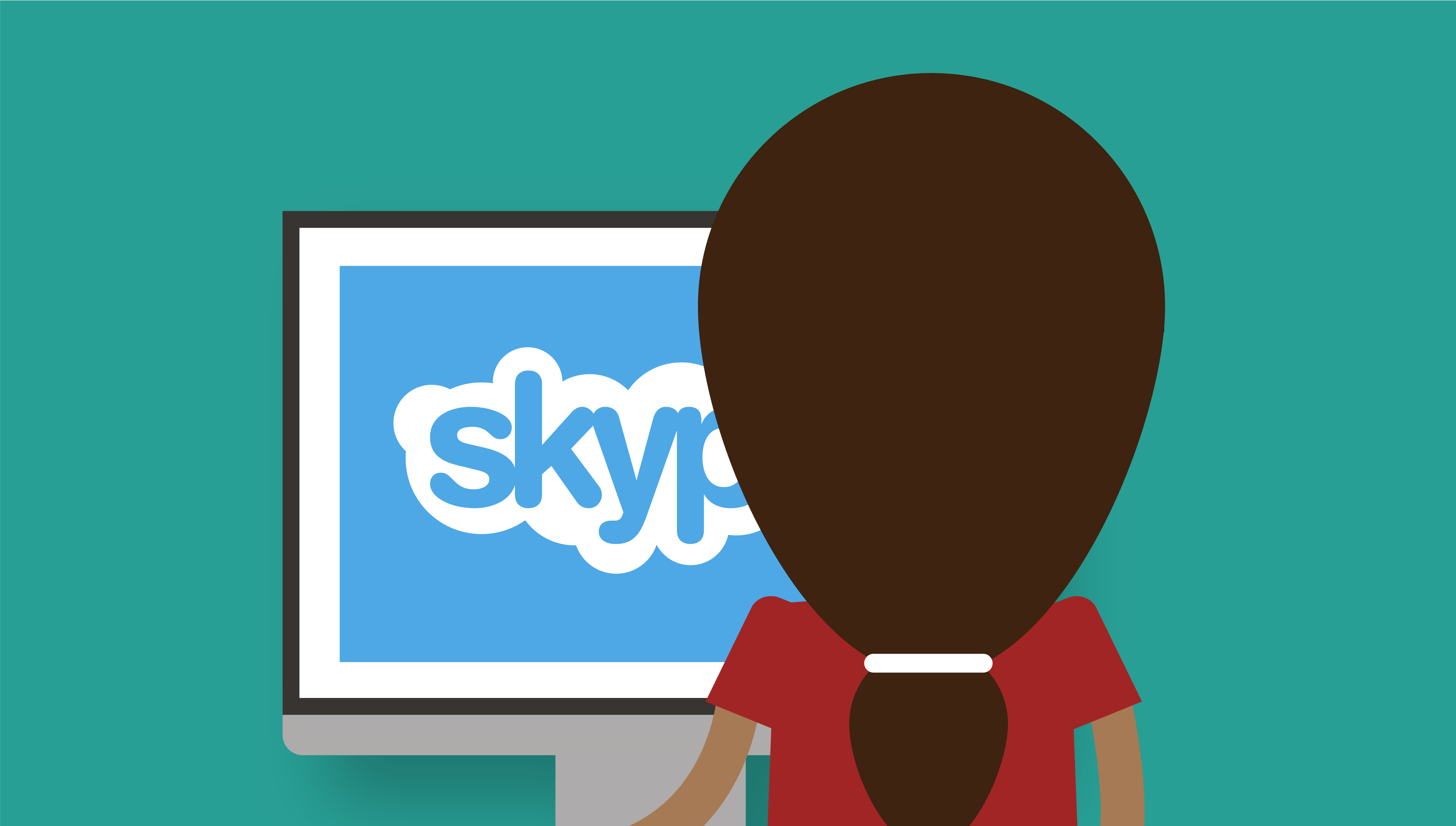 Illustrated graphic of a person looking at a computer screen with the Skype logo displayed