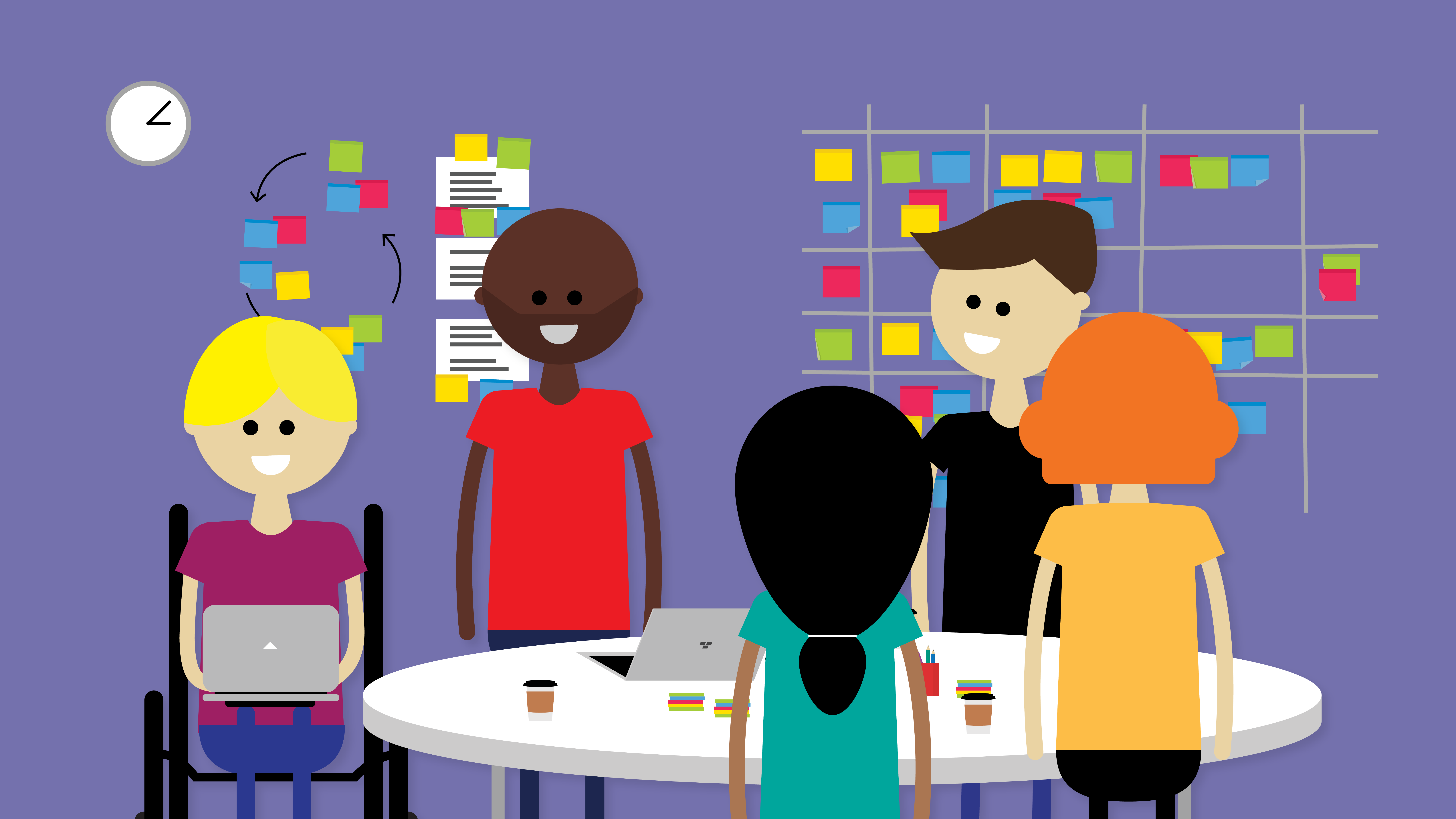 Graphic showing a team of people meeting in front of a wall of post-it notes