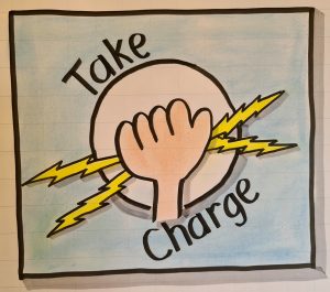 Illustration of a hand grasping lightning, and the words 'take charge'