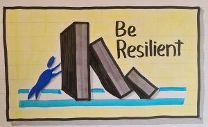 Illustration of a character holding up a stone, with the words 'be resilient'