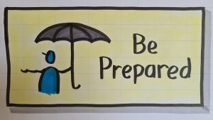 Illustration of a person holding an umbrella, and the words 'be prepared'